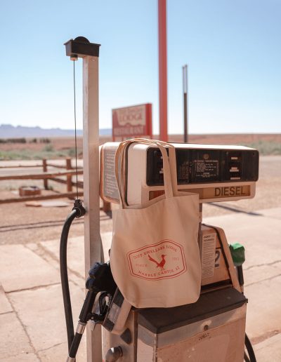 cliffdwellers general store (30) Canvas tote bag hanging on rustic gas pump